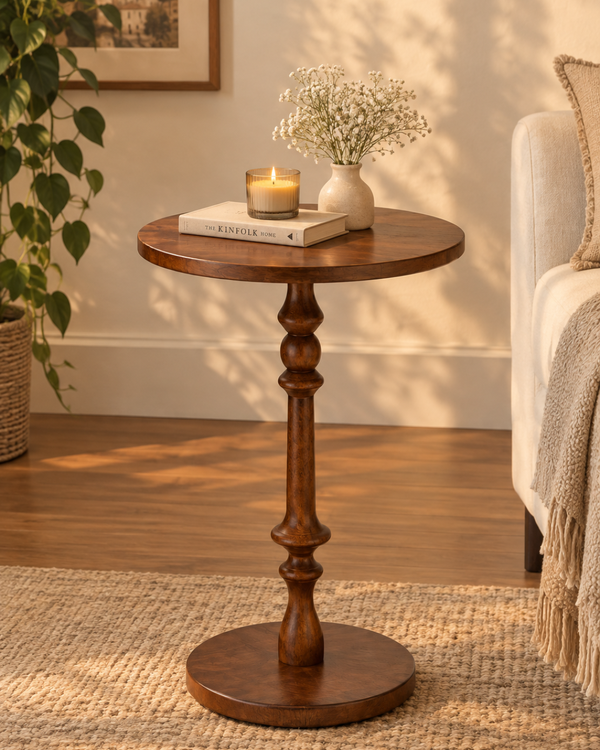 Turned Wood Pedestal Side Table